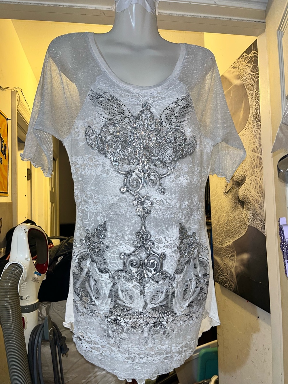 Angels & Diamonds Y2K Rhinestone & Lace Shimmer Top - Size Large